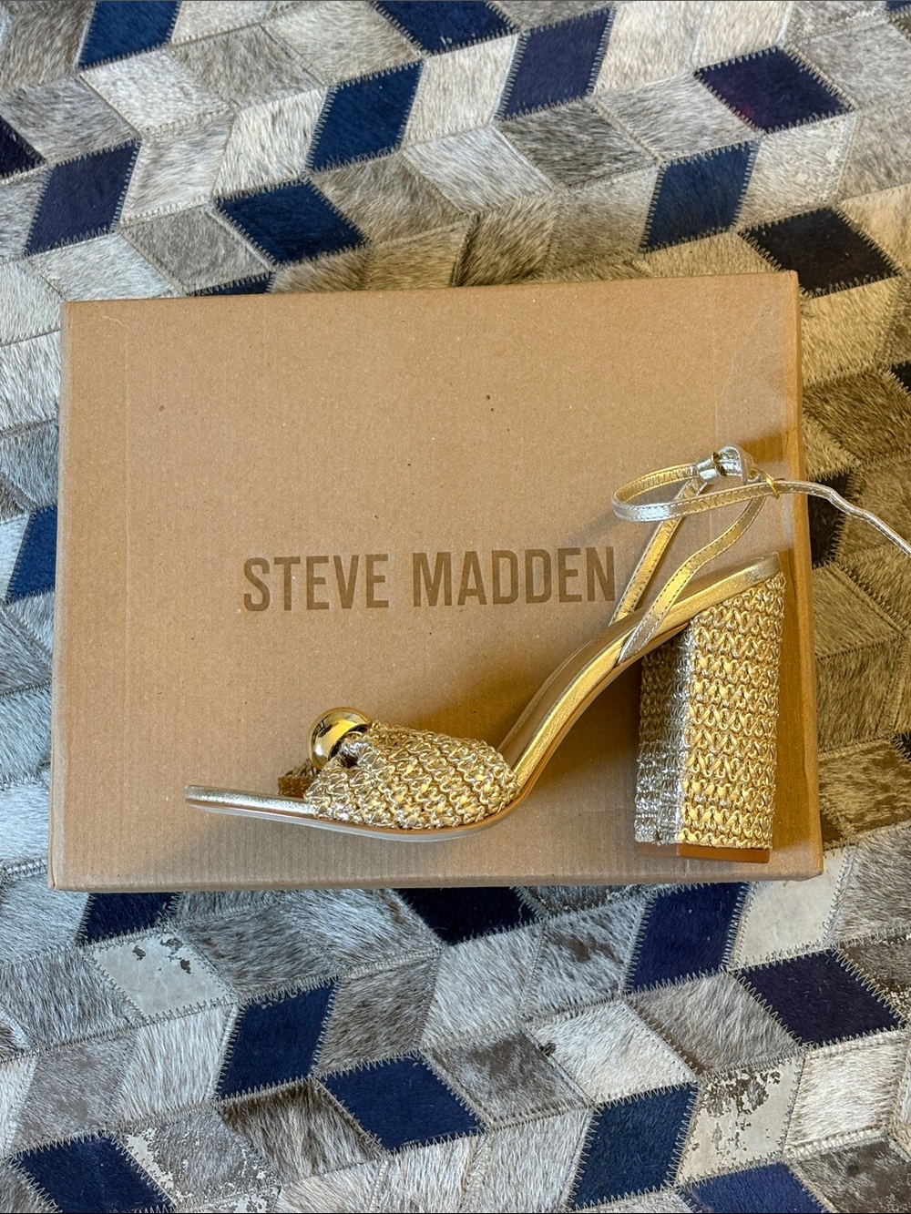 Steve Madden Gold Woven Block Heel Sandals